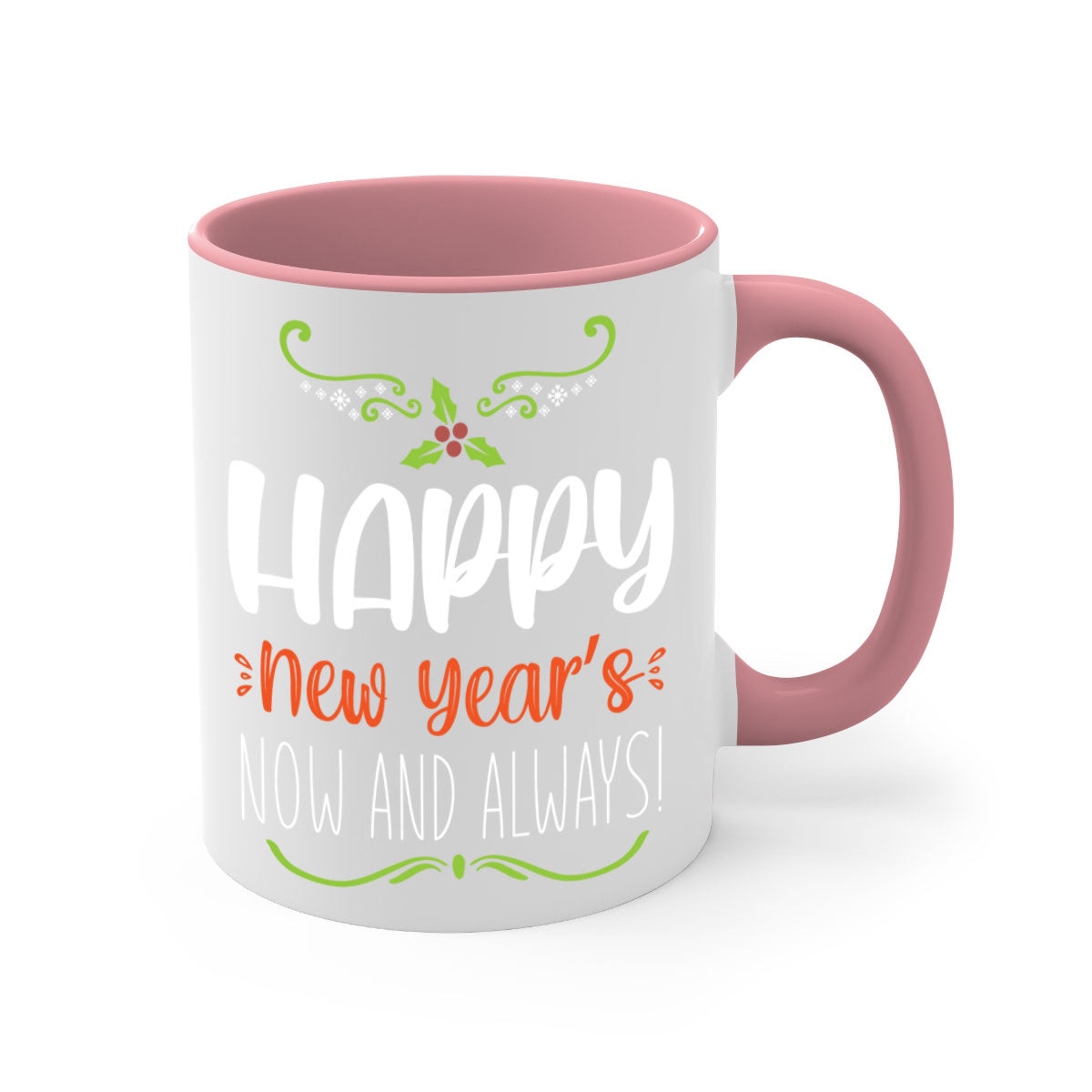 Happy New Year's Mug with colorful handle and glossy finish, available in multiple colors and sizes.