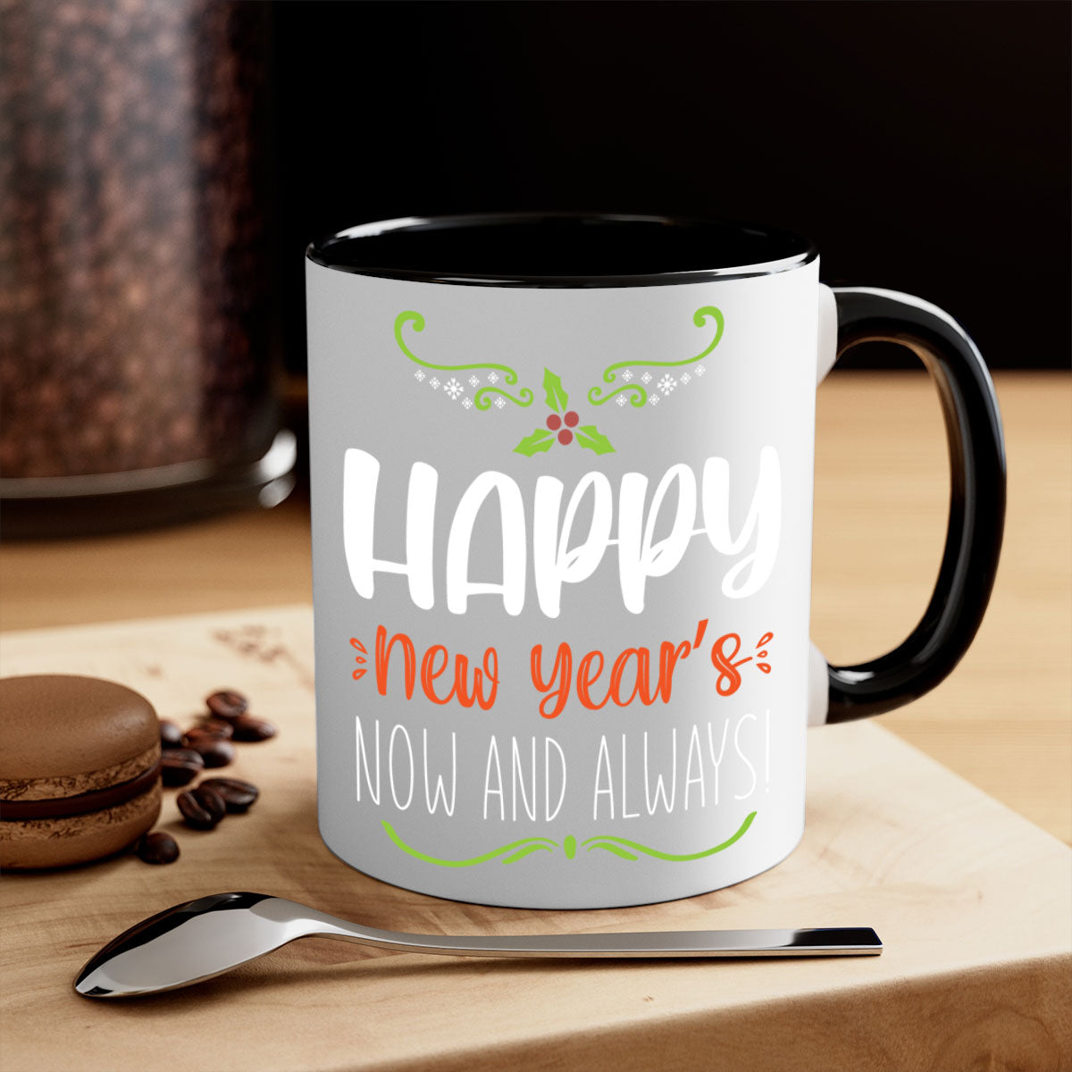 Happy New Year's Mug with colorful handle and glossy finish, available in multiple colors and sizes.