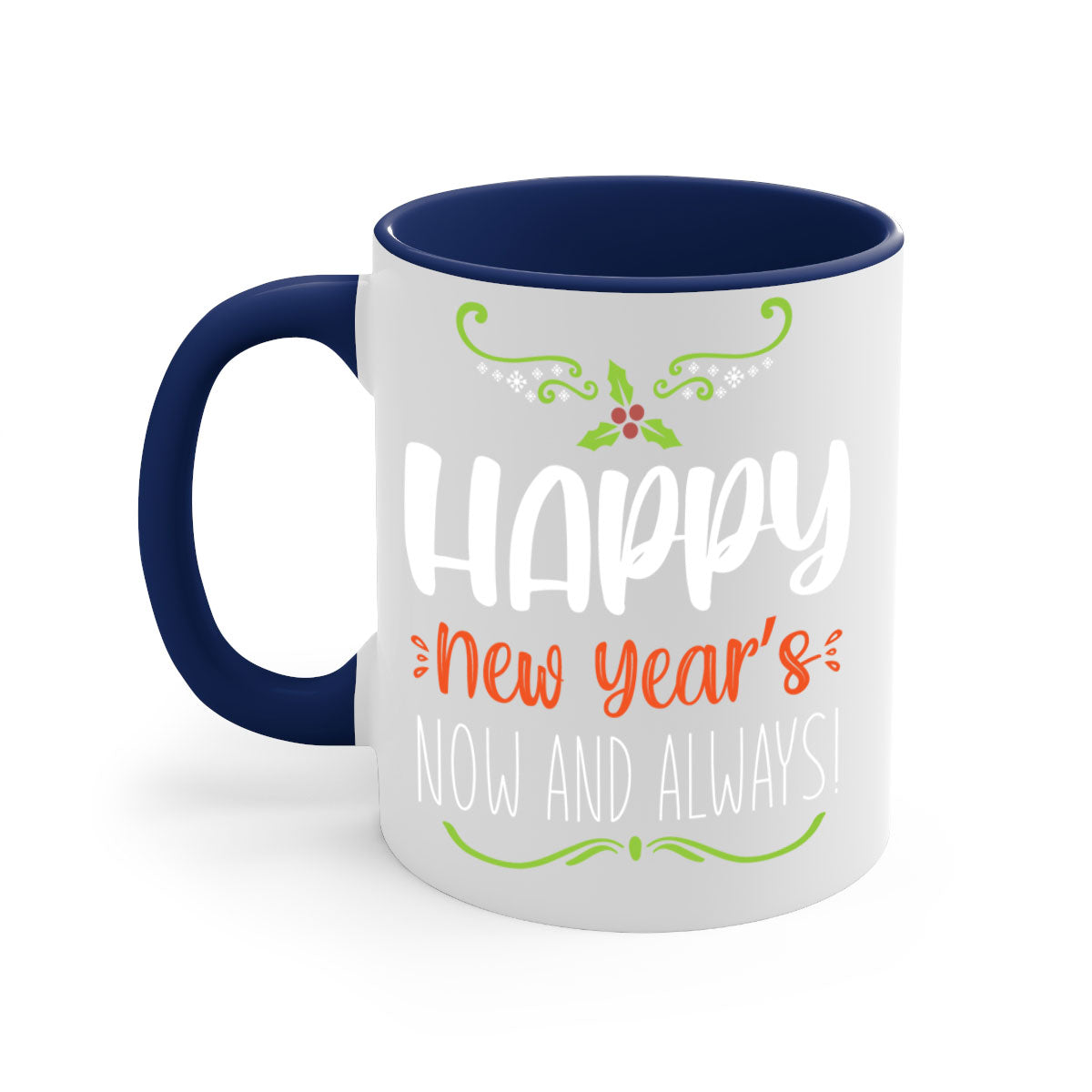 Happy New Year's Mug with colorful handle and glossy finish, available in multiple colors and sizes.
