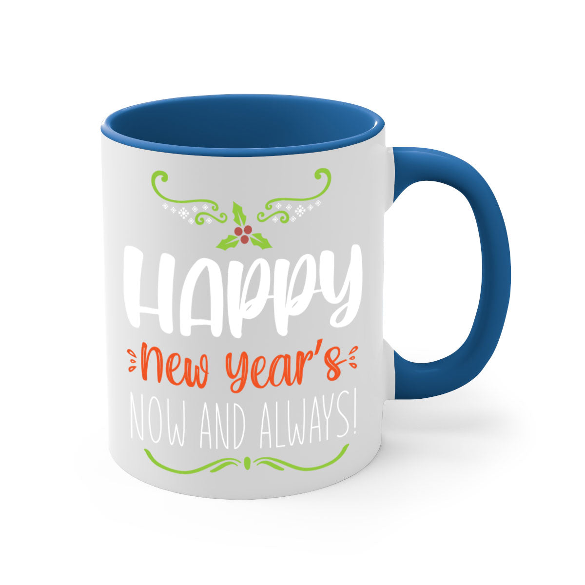 Happy New Year's Mug with colorful handle and glossy finish, available in multiple colors and sizes.