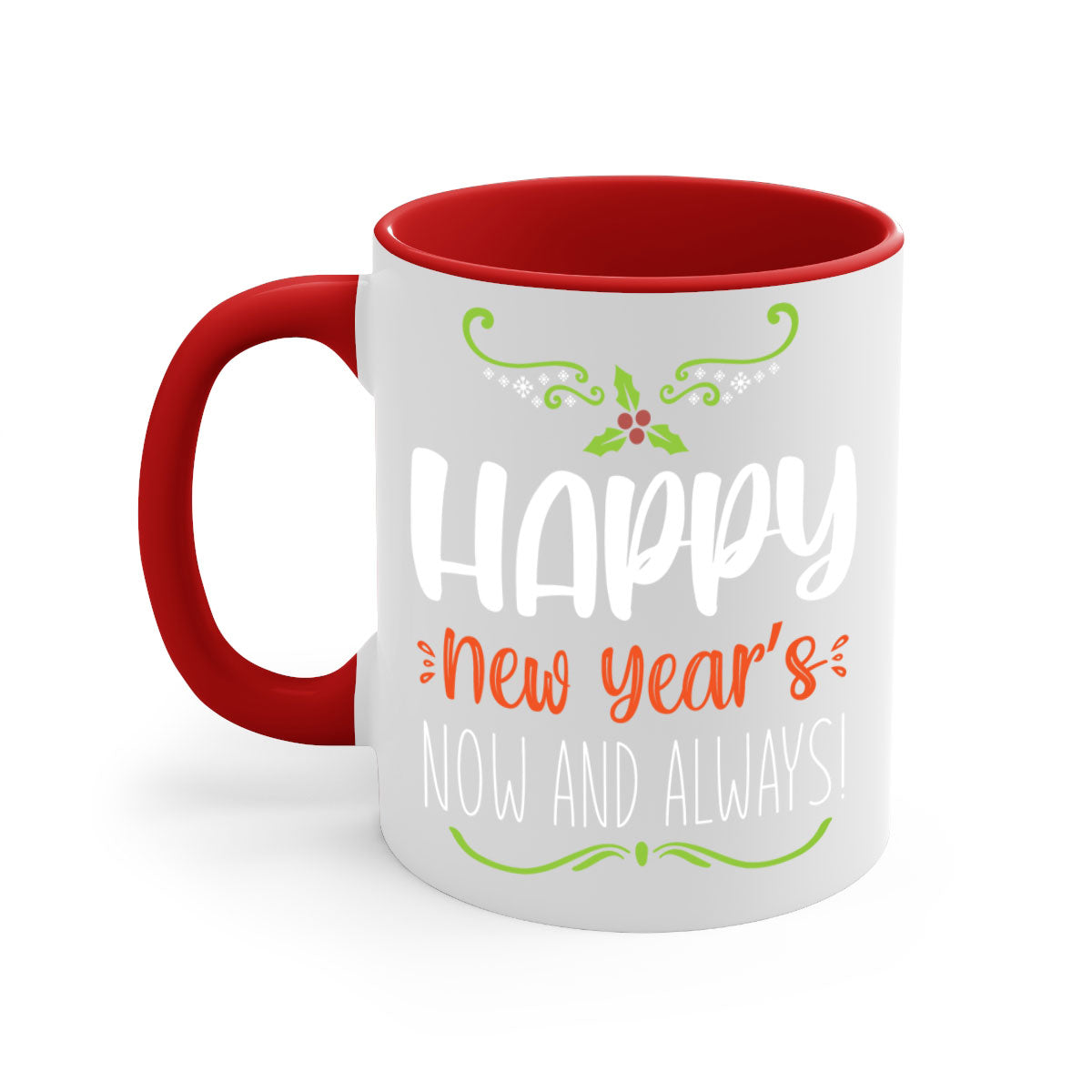 Happy New Year's Mug with colorful handle and glossy finish, available in multiple colors and sizes.