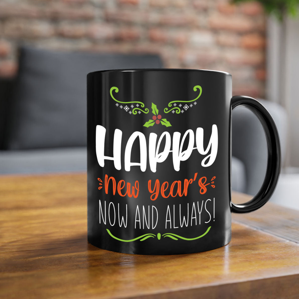 Happy New Year's Mug with colorful handle and glossy finish, available in multiple colors and sizes.