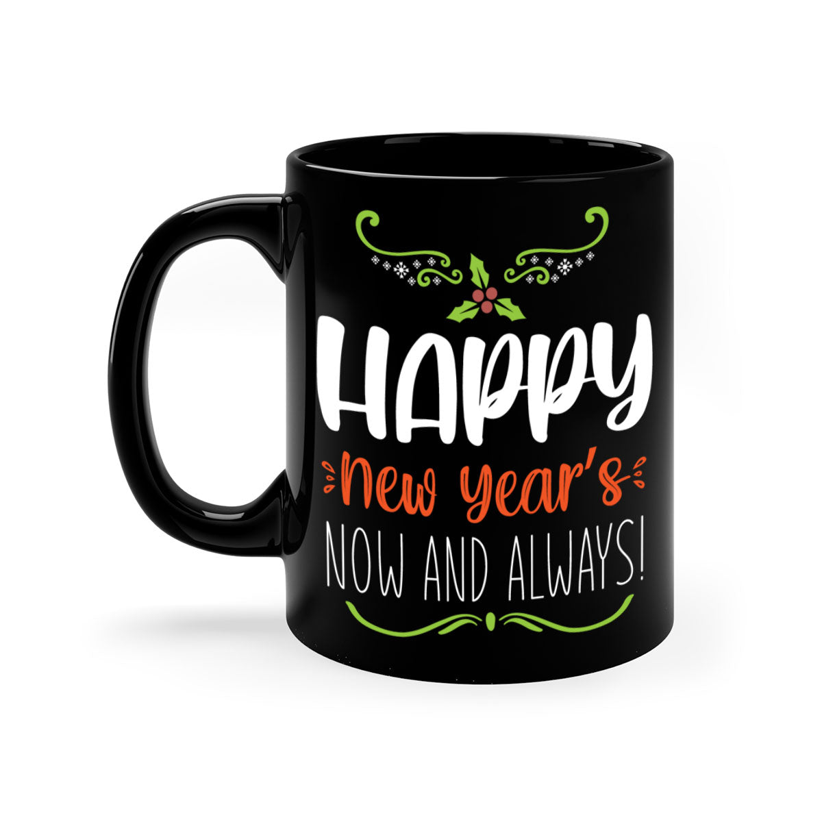 Happy New Year's Mug with colorful handle and glossy finish, available in multiple colors and sizes.