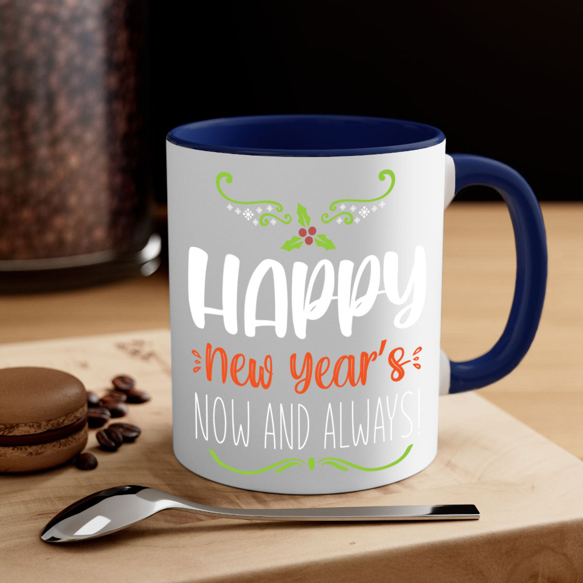 Happy New Year's Mug with colorful handle and glossy finish, available in multiple colors and sizes.