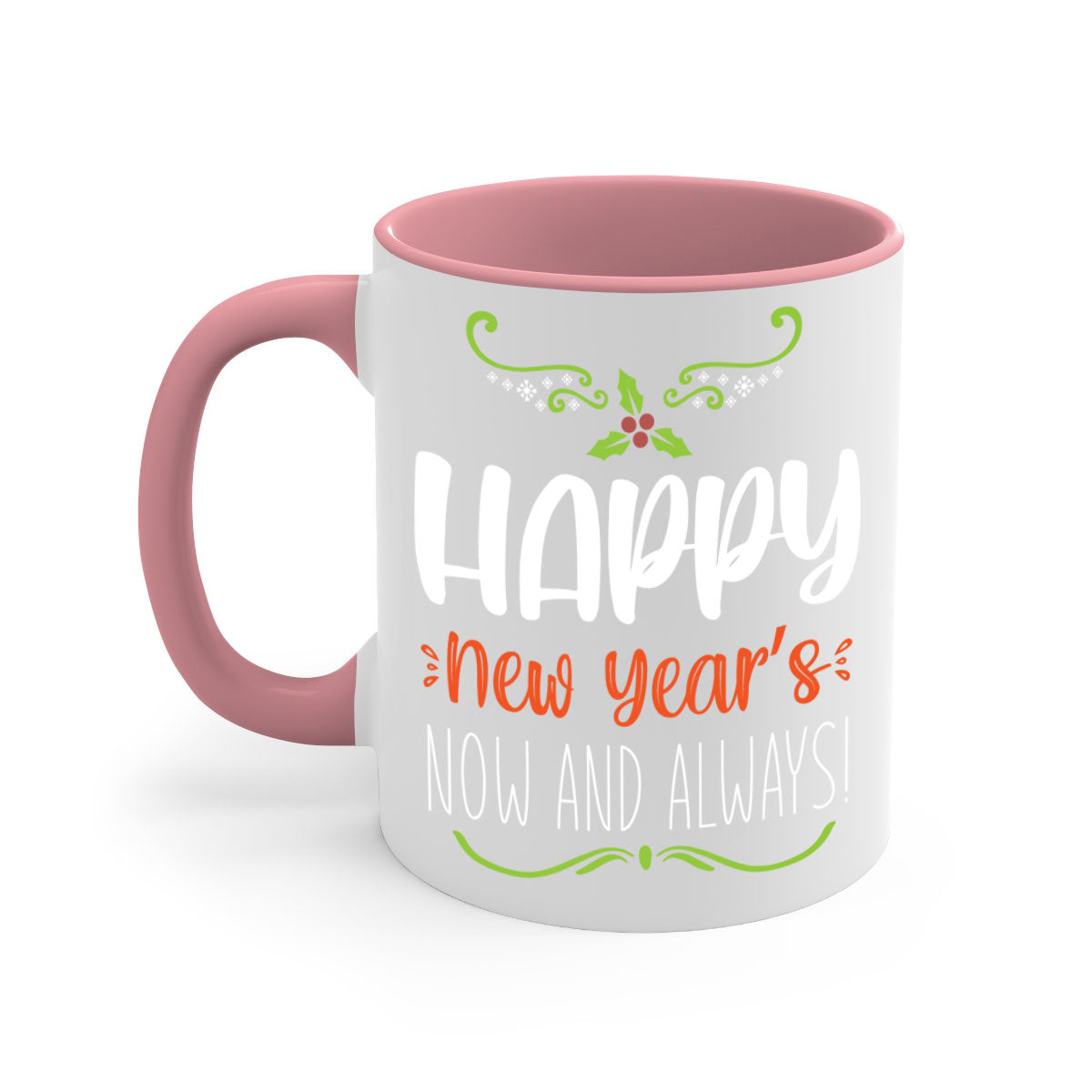 Happy New Year's Mug with colorful handle and glossy finish, available in multiple colors and sizes.
