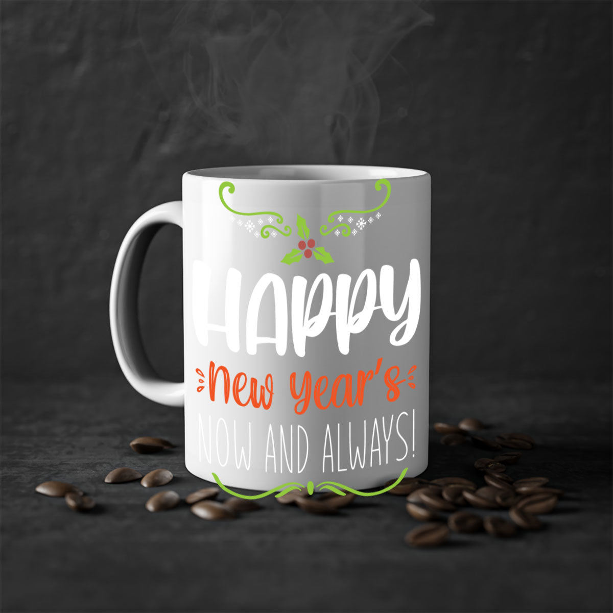 Happy New Year's Mug with colorful handle and glossy finish, available in multiple colors and sizes.
