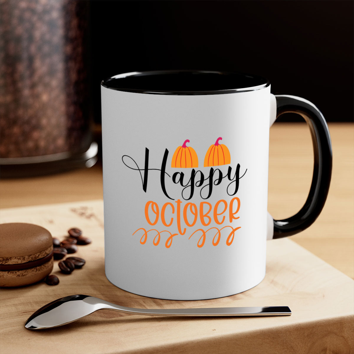 Happy October 238# Mug featuring a two-tone design with a colored handle and glossy finish, available in multiple colors.
