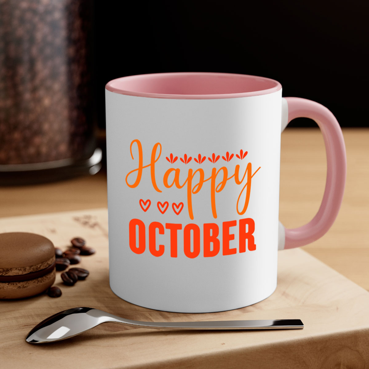 Happy October Design 237# Mug featuring a glossy finish, colored handle, and interior, available in multiple colors.