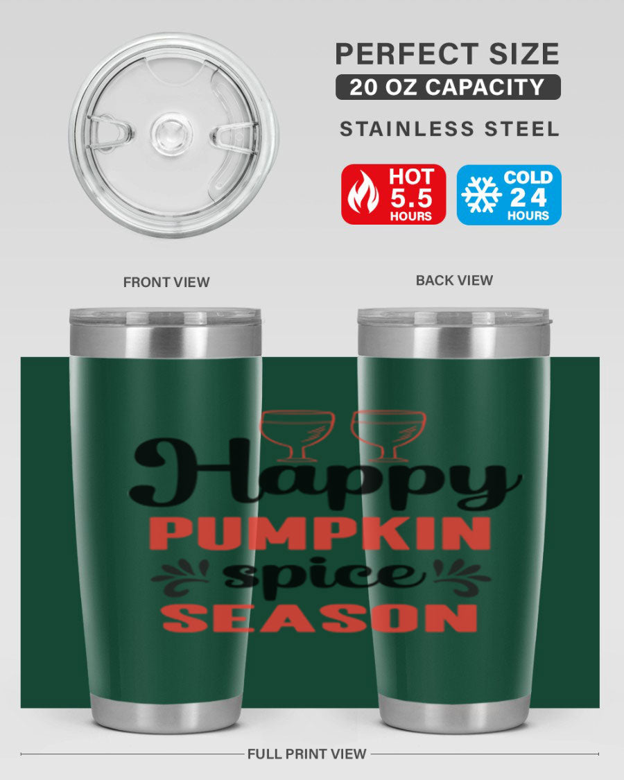 Happy Pumpkin Spice 20oz Tumbler featuring a vibrant autumn design, made of double wall vacuum stainless steel with a copper lining.