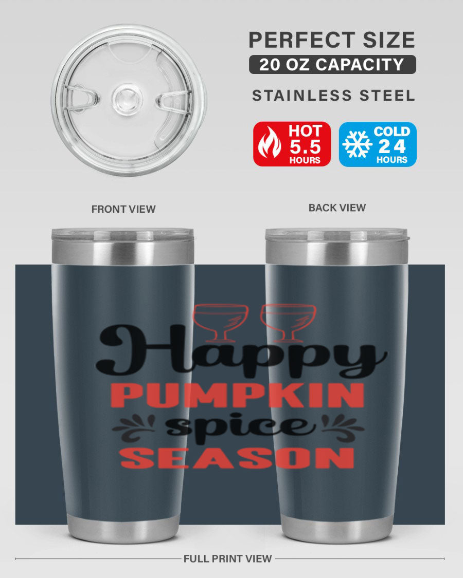 Happy Pumpkin Spice 20oz Tumbler featuring a vibrant autumn design, made of double wall vacuum stainless steel with a copper lining.