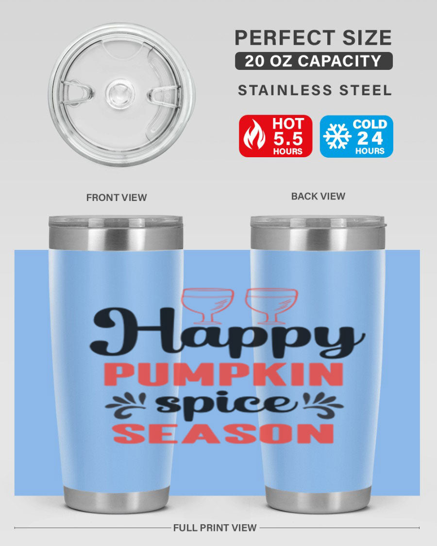 Happy Pumpkin Spice 20oz Tumbler featuring a vibrant autumn design, made of double wall vacuum stainless steel with a copper lining.