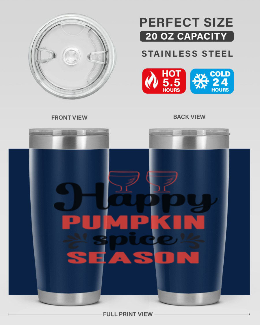 Happy Pumpkin Spice 20oz Tumbler featuring a vibrant autumn design, made of double wall vacuum stainless steel with a copper lining.
