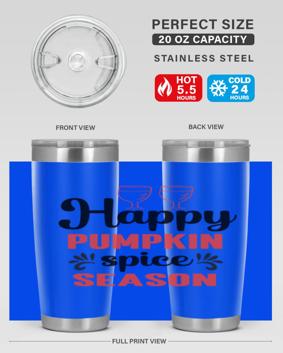 Happy Pumpkin Spice 20oz Tumbler featuring a vibrant autumn design, made of double wall vacuum stainless steel with a copper lining.