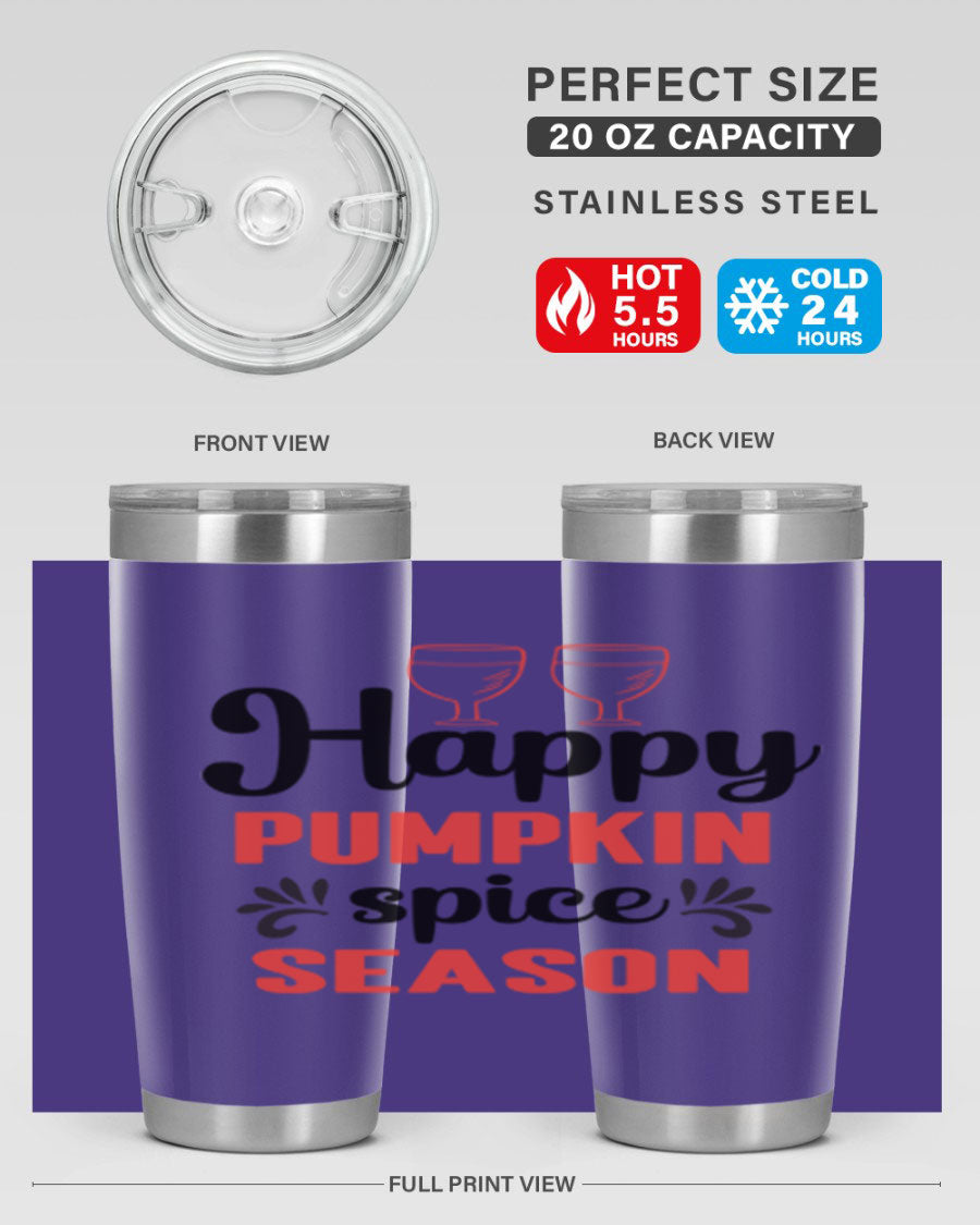 Happy Pumpkin Spice 20oz Tumbler featuring a vibrant autumn design, made of double wall vacuum stainless steel with a copper lining.