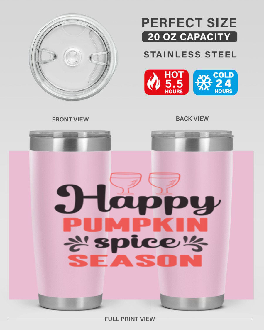 Happy Pumpkin Spice 20oz Tumbler featuring a vibrant autumn design, made of double wall vacuum stainless steel with a copper lining.