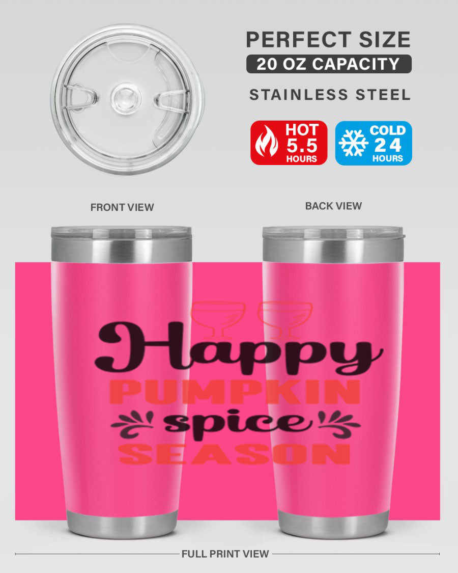 Happy Pumpkin Spice 20oz Tumbler featuring a vibrant autumn design, made of double wall vacuum stainless steel with a copper lining.