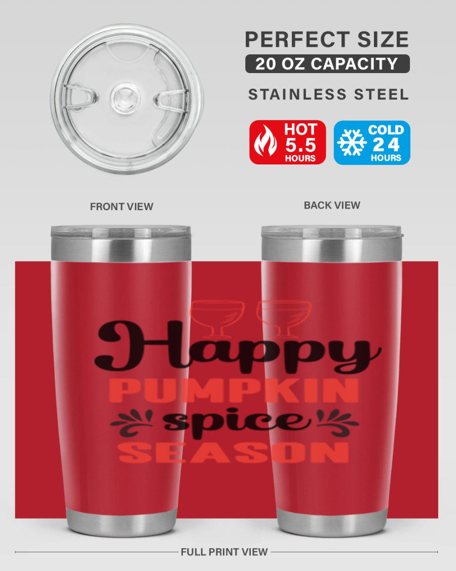 Happy Pumpkin Spice 20oz Tumbler featuring a vibrant autumn design, made of double wall vacuum stainless steel with a copper lining.