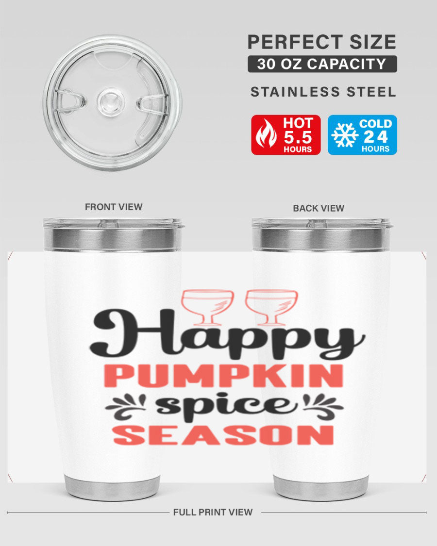 Happy Pumpkin Spice 20oz Tumbler featuring a vibrant autumn design, made of double wall vacuum stainless steel with a copper lining.