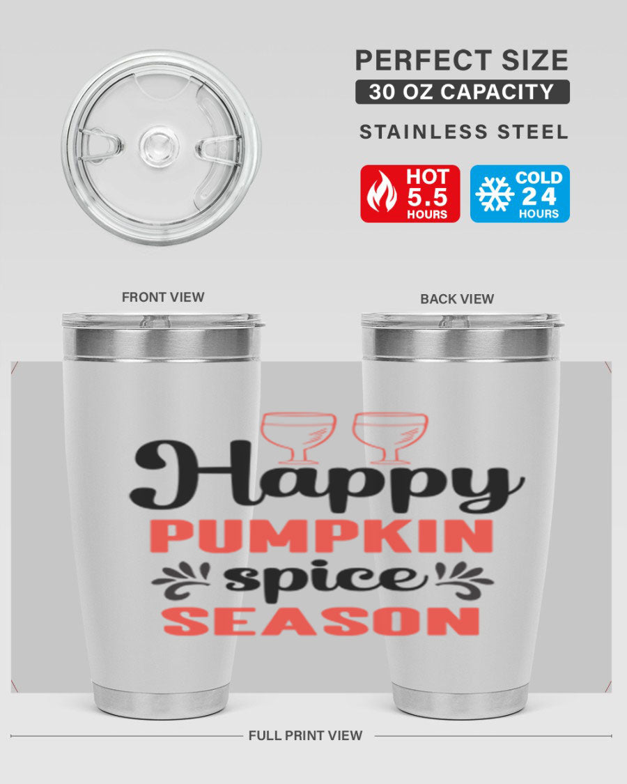 Happy Pumpkin Spice 20oz Tumbler featuring a vibrant autumn design, made of double wall vacuum stainless steel with a copper lining.
