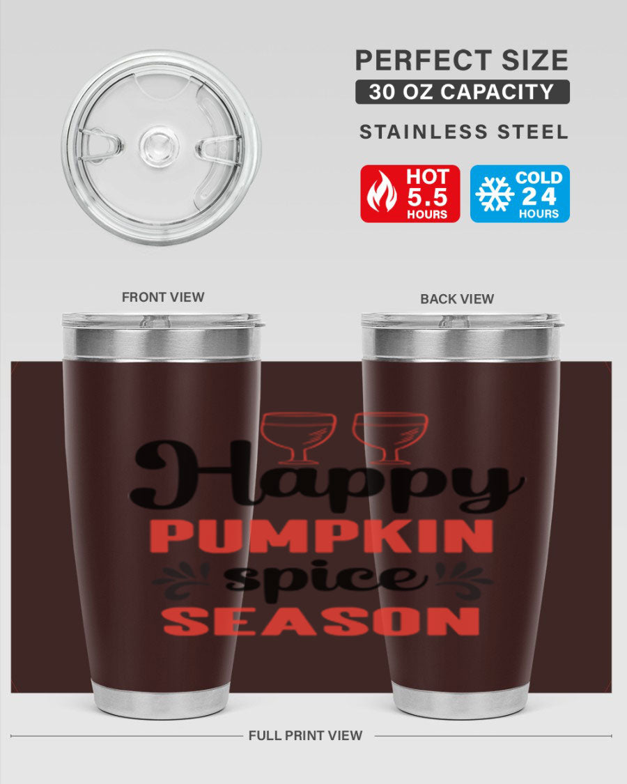 Happy Pumpkin Spice 20oz Tumbler featuring a vibrant autumn design, made of double wall vacuum stainless steel with a copper lining.