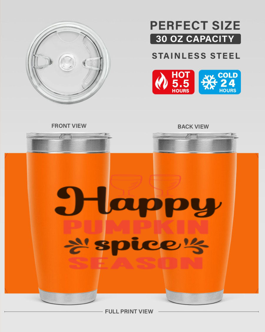 Happy Pumpkin Spice 20oz Tumbler featuring a vibrant autumn design, made of double wall vacuum stainless steel with a copper lining.