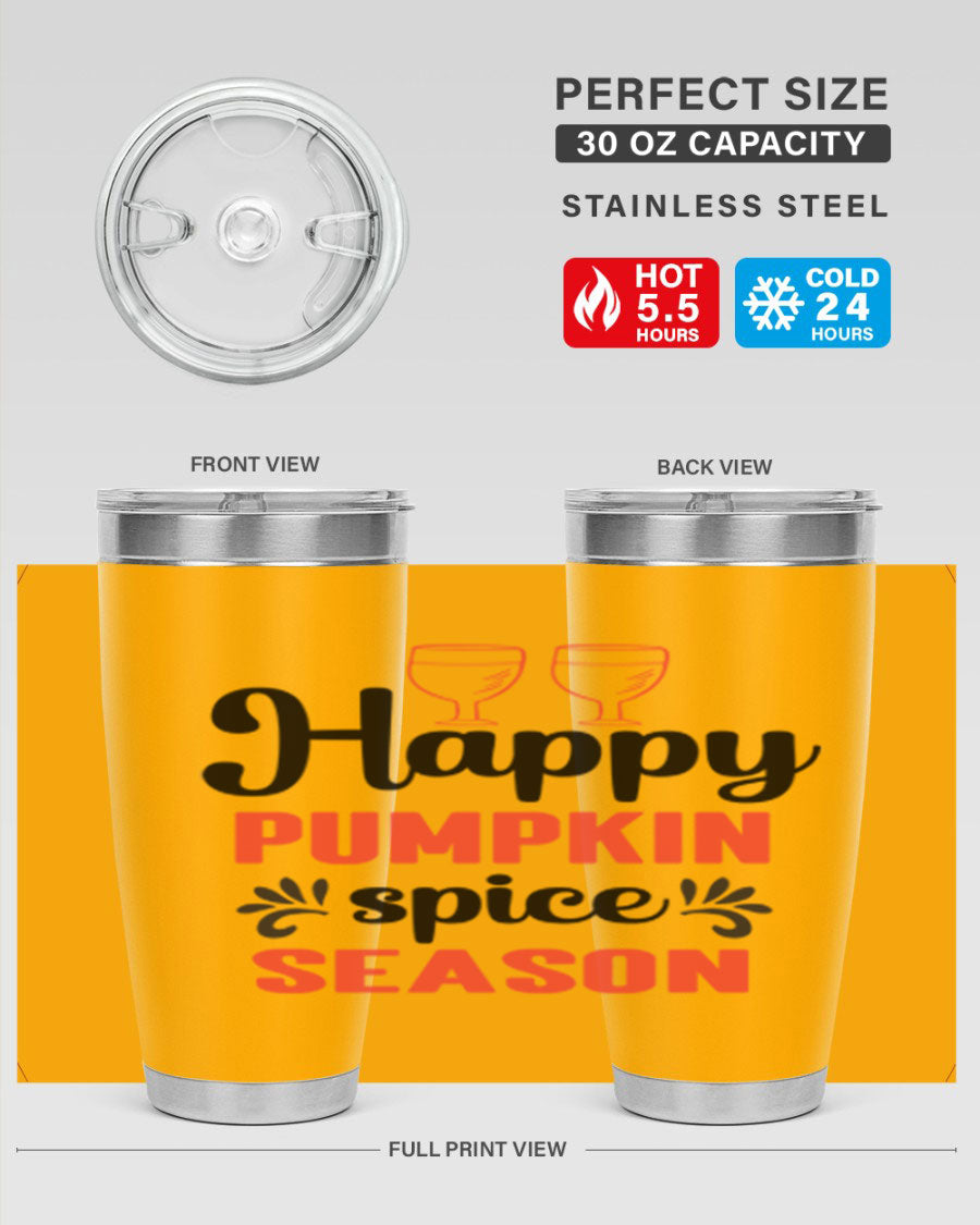 Happy Pumpkin Spice 20oz Tumbler featuring a vibrant autumn design, made of double wall vacuum stainless steel with a copper lining.