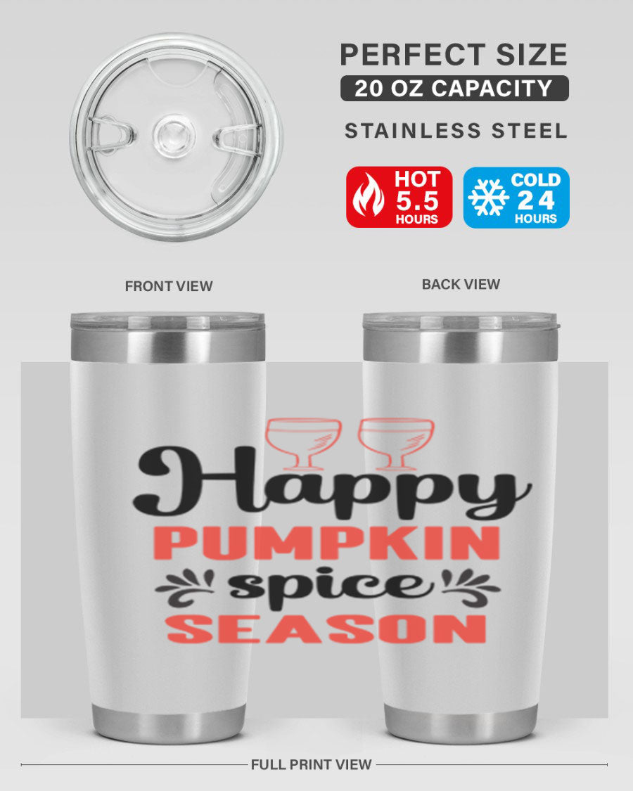 Happy Pumpkin Spice 20oz Tumbler featuring a vibrant autumn design, made of double wall vacuum stainless steel with a copper lining.