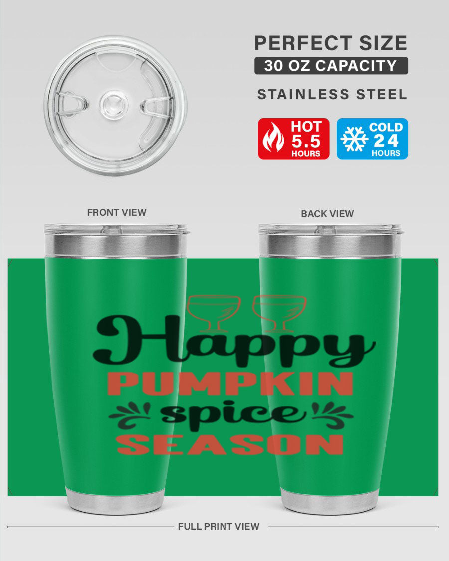 Happy Pumpkin Spice 20oz Tumbler featuring a vibrant autumn design, made of double wall vacuum stainless steel with a copper lining.