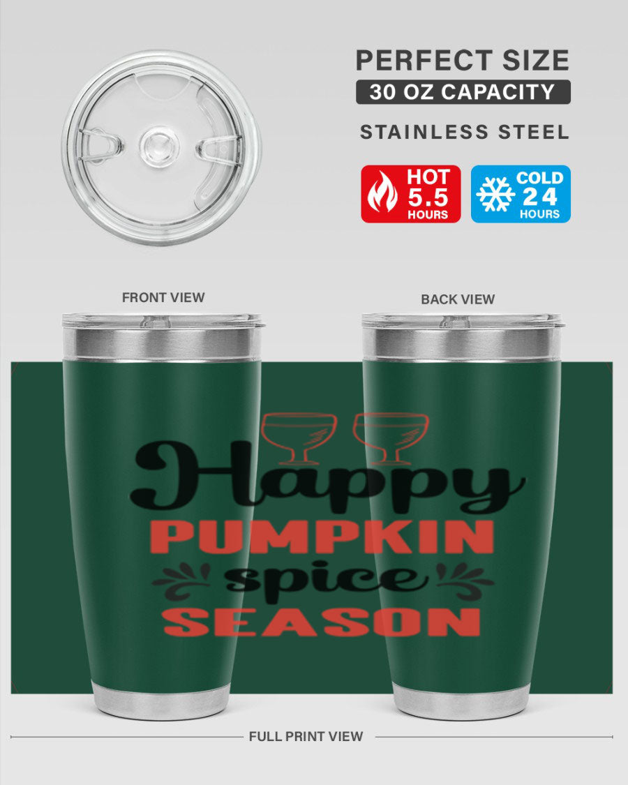 Happy Pumpkin Spice 20oz Tumbler featuring a vibrant autumn design, made of double wall vacuum stainless steel with a copper lining.