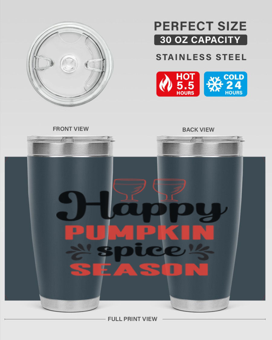 Happy Pumpkin Spice 20oz Tumbler featuring a vibrant autumn design, made of double wall vacuum stainless steel with a copper lining.
