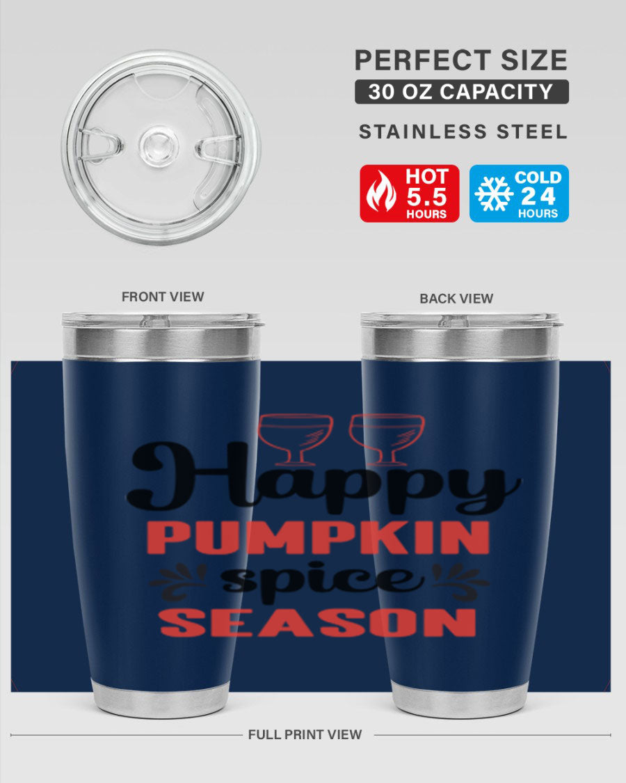Happy Pumpkin Spice 20oz Tumbler featuring a vibrant autumn design, made of double wall vacuum stainless steel with a copper lining.