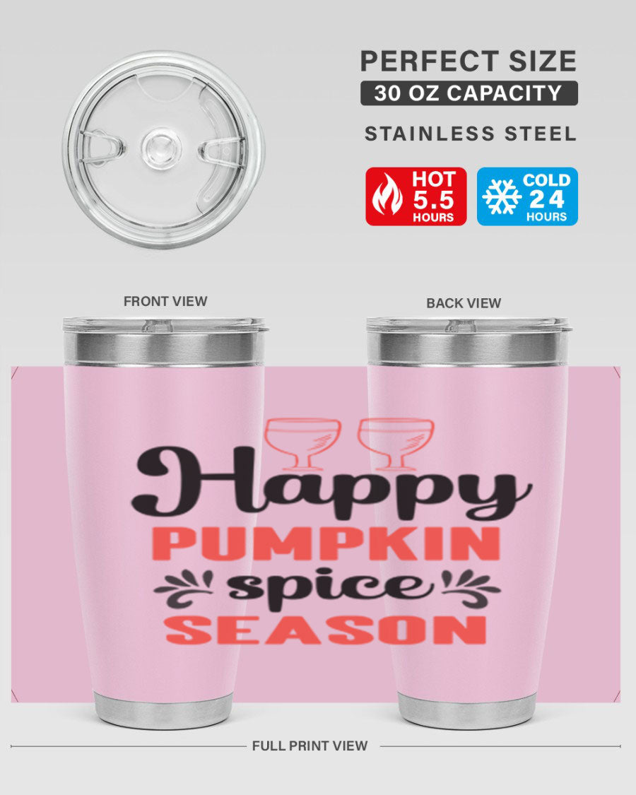 Happy Pumpkin Spice 20oz Tumbler featuring a vibrant autumn design, made of double wall vacuum stainless steel with a copper lining.