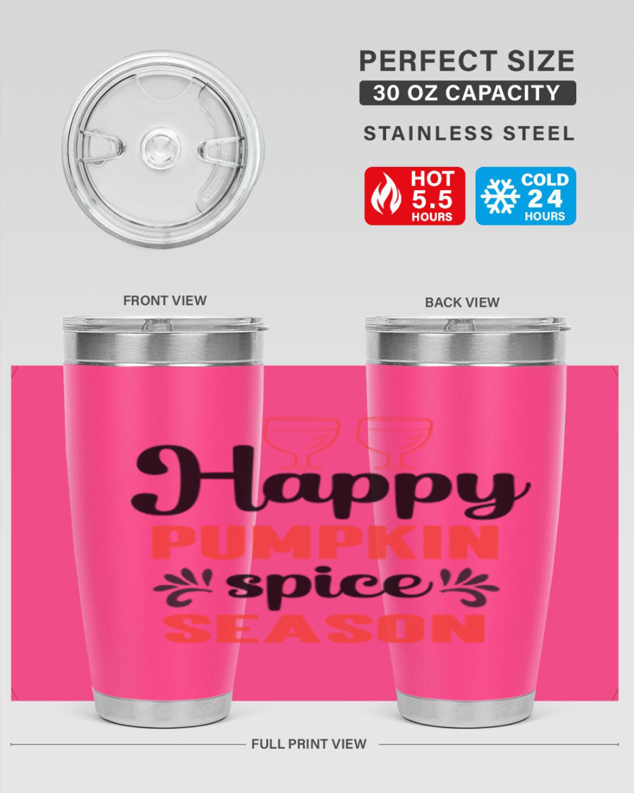Happy Pumpkin Spice 20oz Tumbler featuring a vibrant autumn design, made of double wall vacuum stainless steel with a copper lining.