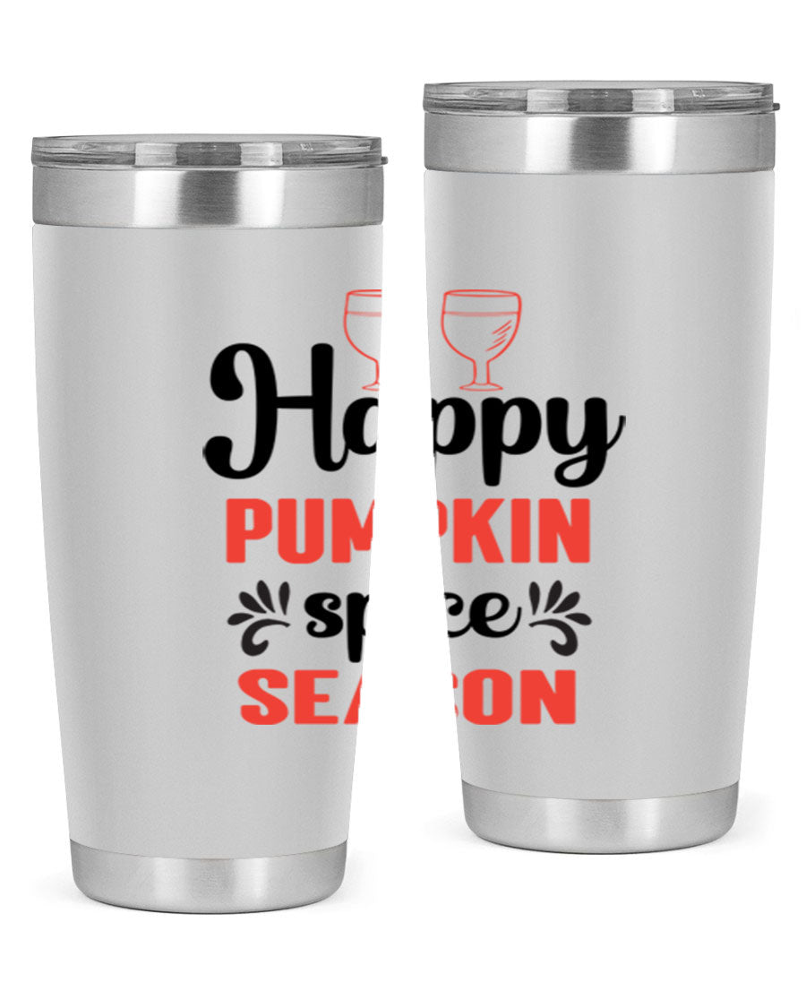Happy Pumpkin Spice 20oz Tumbler featuring a vibrant autumn design, made of double wall vacuum stainless steel with a copper lining.