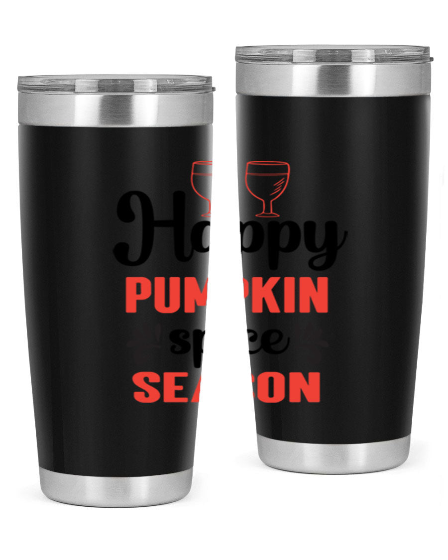 Happy Pumpkin Spice 20oz Tumbler featuring a vibrant autumn design, made of double wall vacuum stainless steel with a copper lining.