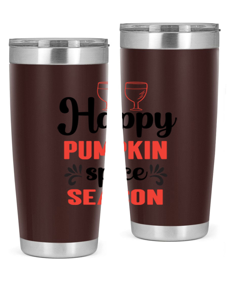 Happy Pumpkin Spice 20oz Tumbler featuring a vibrant autumn design, made of double wall vacuum stainless steel with a copper lining.