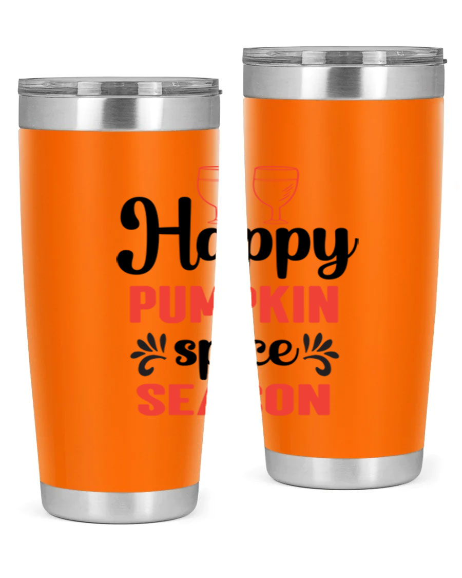Happy Pumpkin Spice 20oz Tumbler featuring a vibrant autumn design, made of double wall vacuum stainless steel with a copper lining.