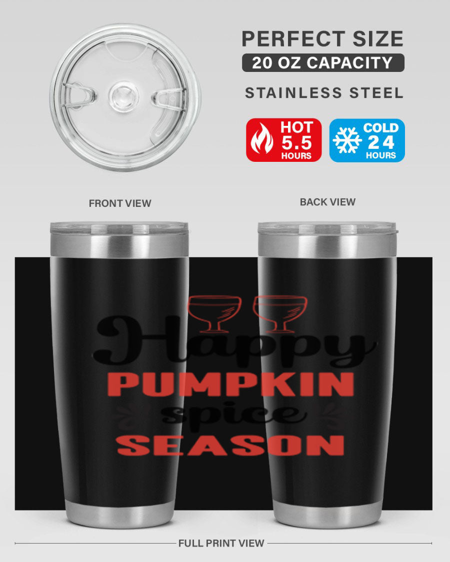 Happy Pumpkin Spice 20oz Tumbler featuring a vibrant autumn design, made of double wall vacuum stainless steel with a copper lining.