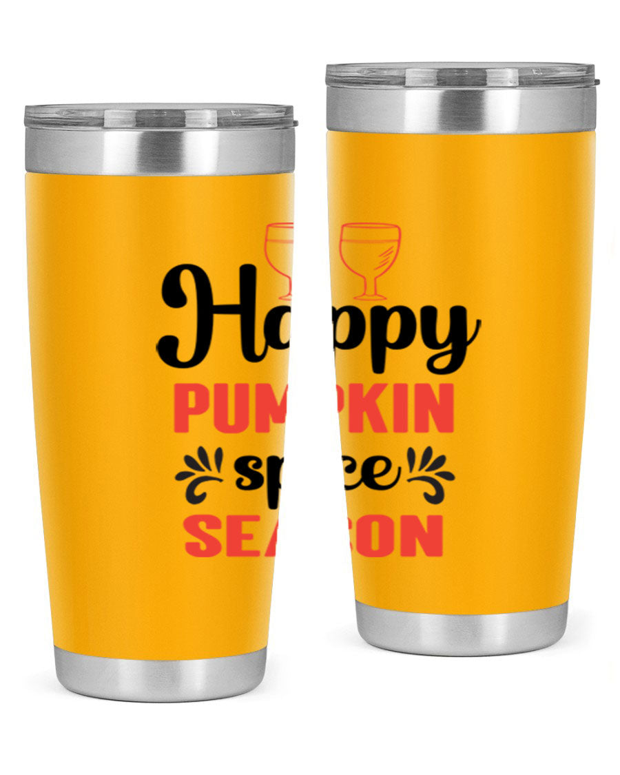 Happy Pumpkin Spice 20oz Tumbler featuring a vibrant autumn design, made of double wall vacuum stainless steel with a copper lining.