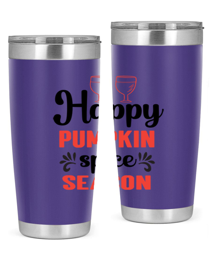 Happy Pumpkin Spice 20oz Tumbler featuring a vibrant autumn design, made of double wall vacuum stainless steel with a copper lining.