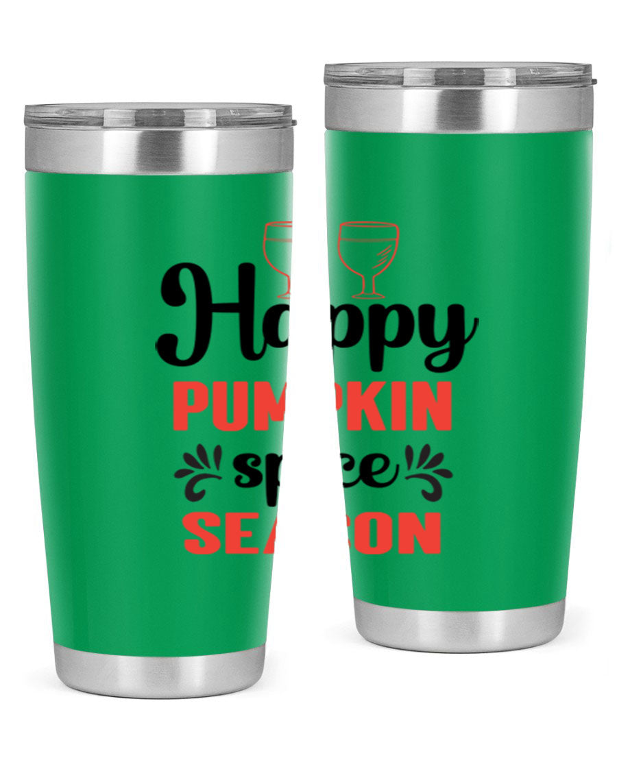 Happy Pumpkin Spice 20oz Tumbler featuring a vibrant autumn design, made of double wall vacuum stainless steel with a copper lining.