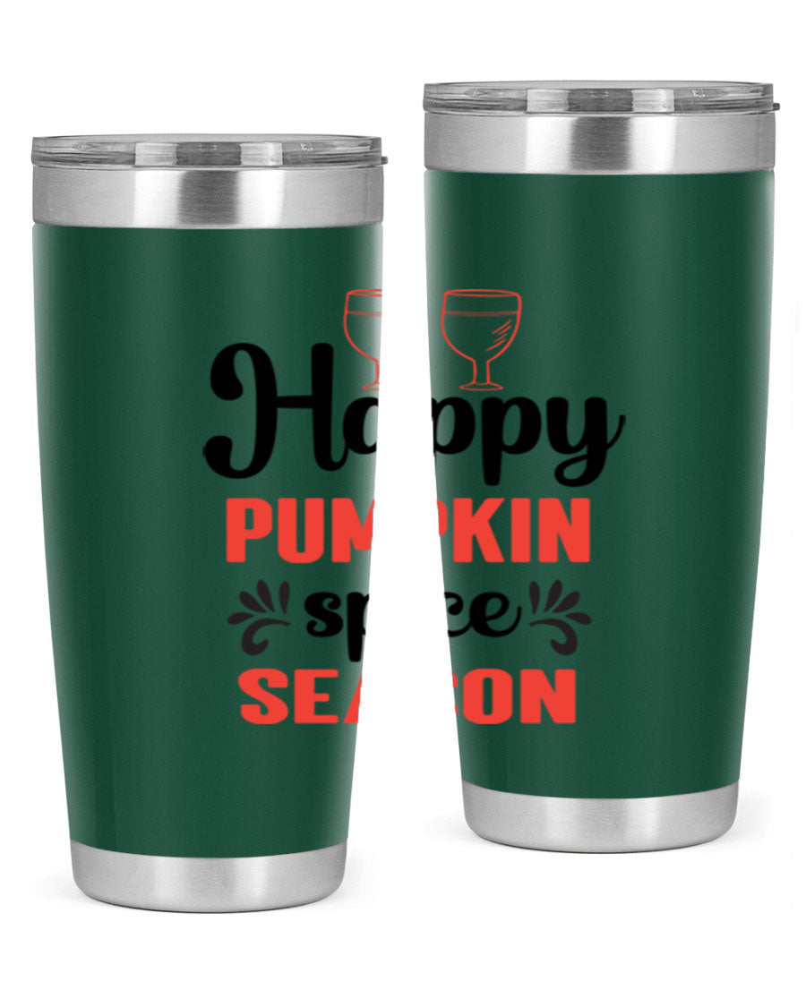 Happy Pumpkin Spice 20oz Tumbler featuring a vibrant autumn design, made of double wall vacuum stainless steel with a copper lining.