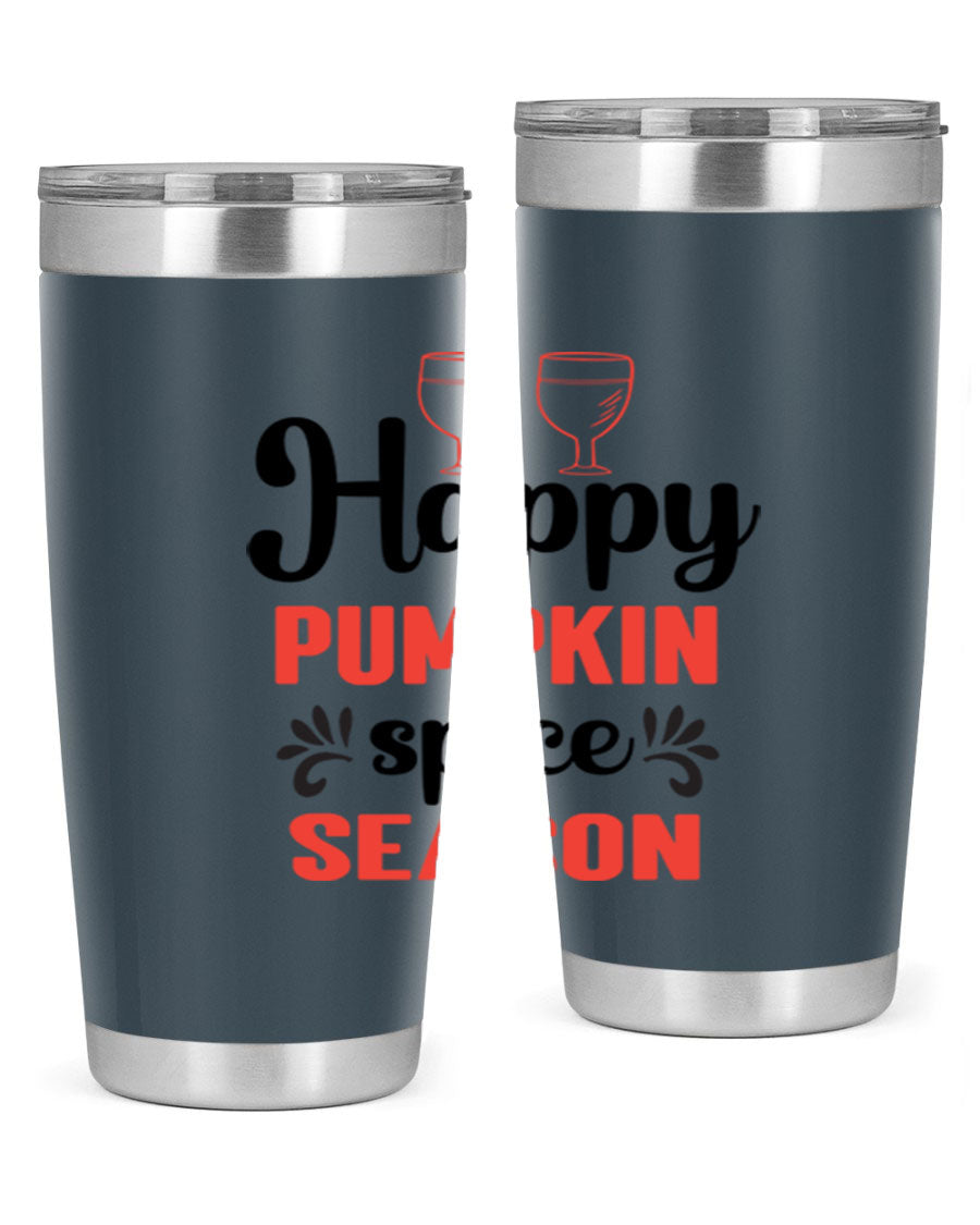 Happy Pumpkin Spice 20oz Tumbler featuring a vibrant autumn design, made of double wall vacuum stainless steel with a copper lining.