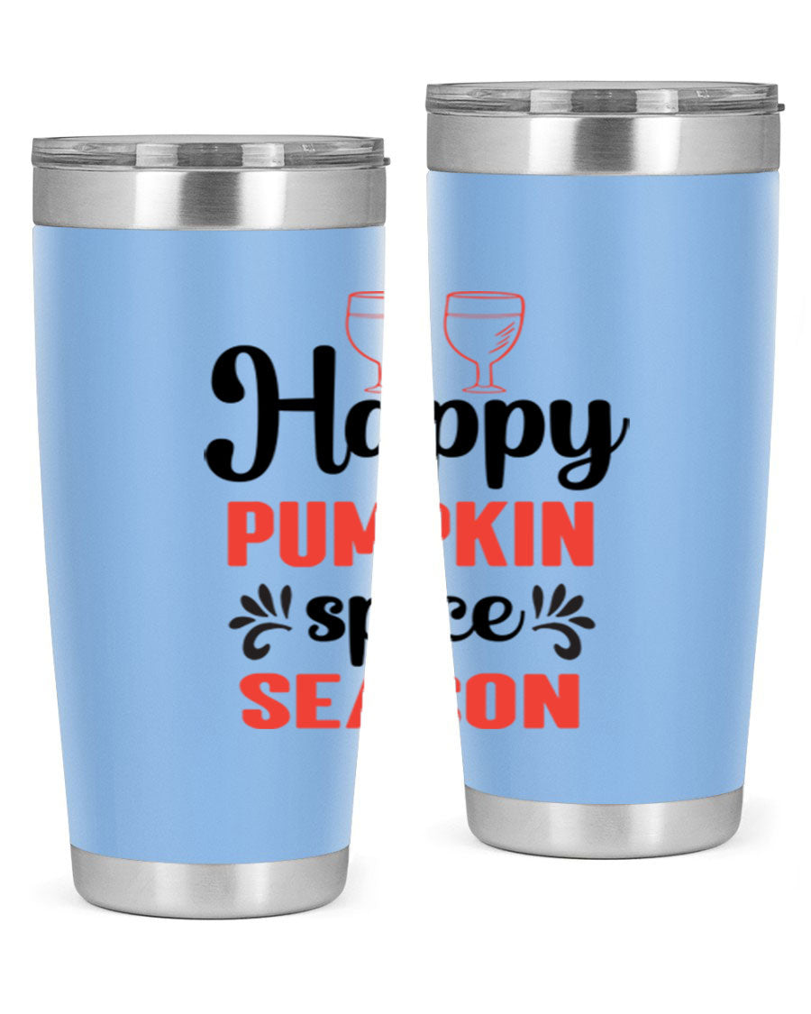 Happy Pumpkin Spice 20oz Tumbler featuring a vibrant autumn design, made of double wall vacuum stainless steel with a copper lining.