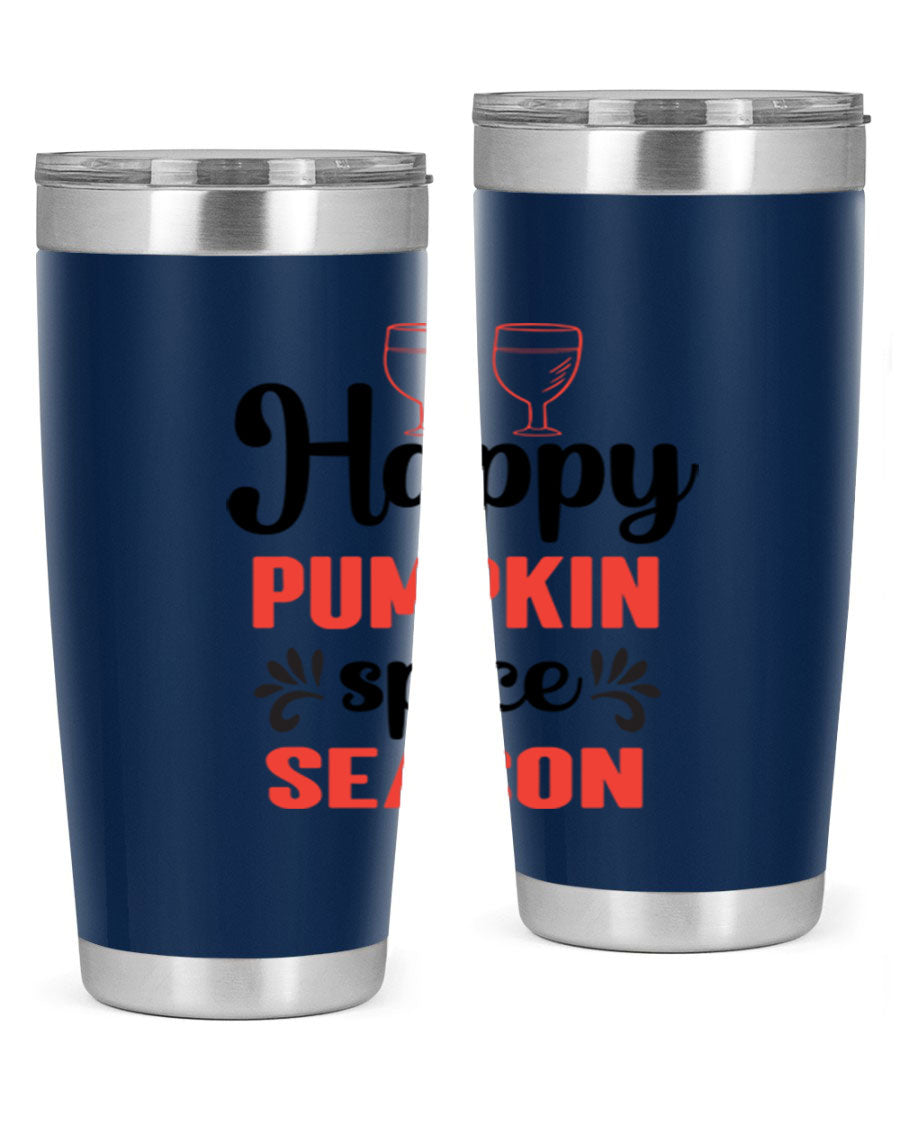 Happy Pumpkin Spice 20oz Tumbler featuring a vibrant autumn design, made of double wall vacuum stainless steel with a copper lining.