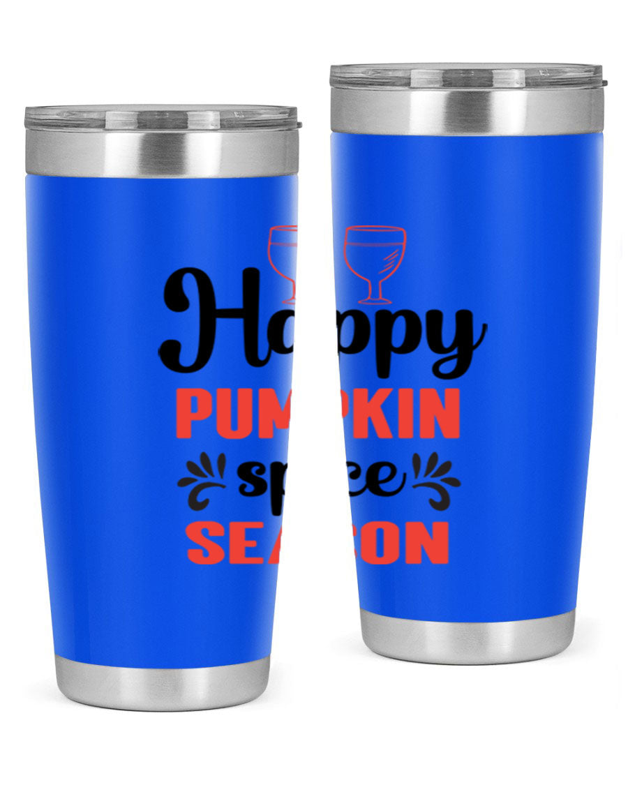 Happy Pumpkin Spice 20oz Tumbler featuring a vibrant autumn design, made of double wall vacuum stainless steel with a copper lining.
