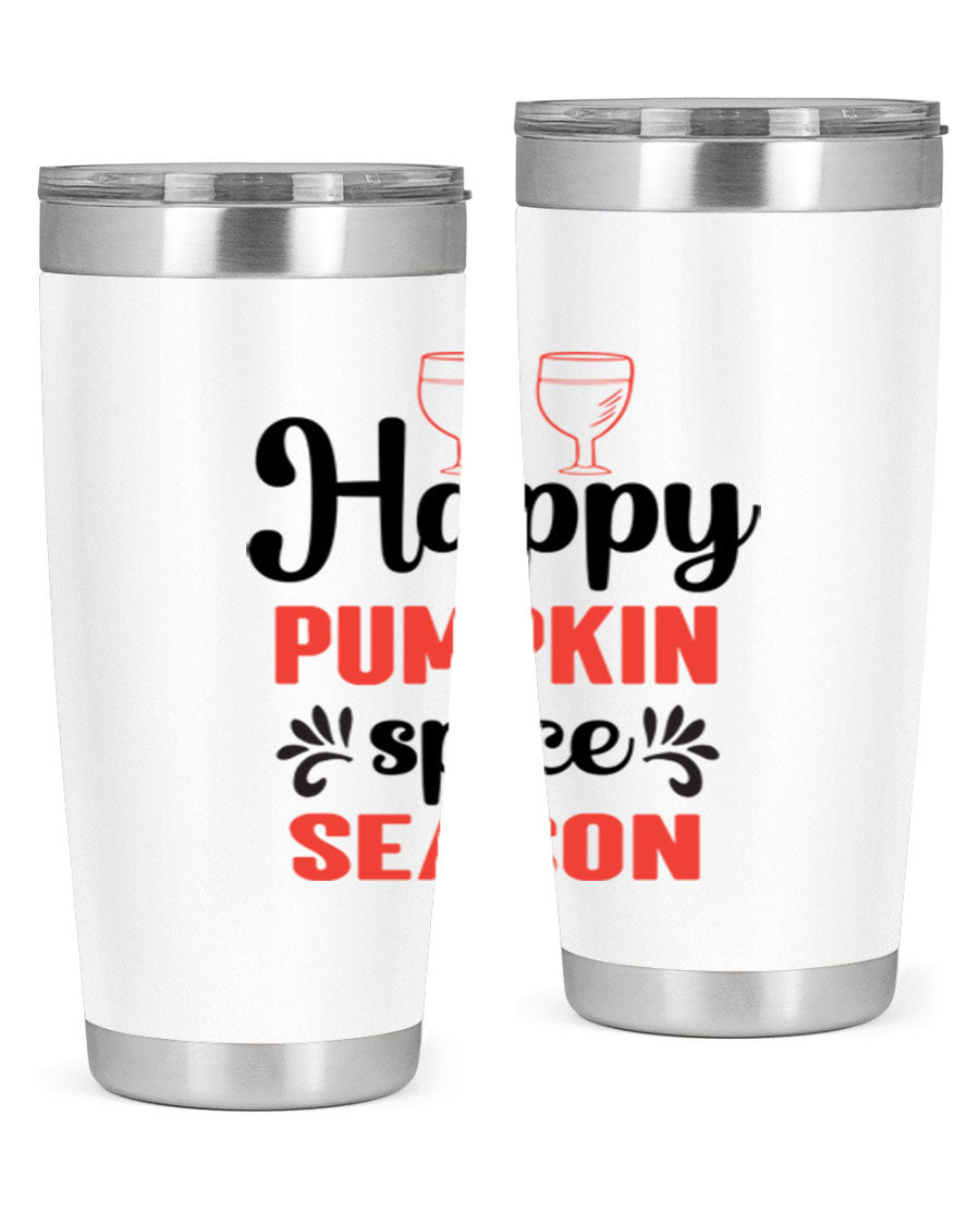 Happy Pumpkin Spice 20oz Tumbler featuring a vibrant autumn design, made of double wall vacuum stainless steel with a copper lining.