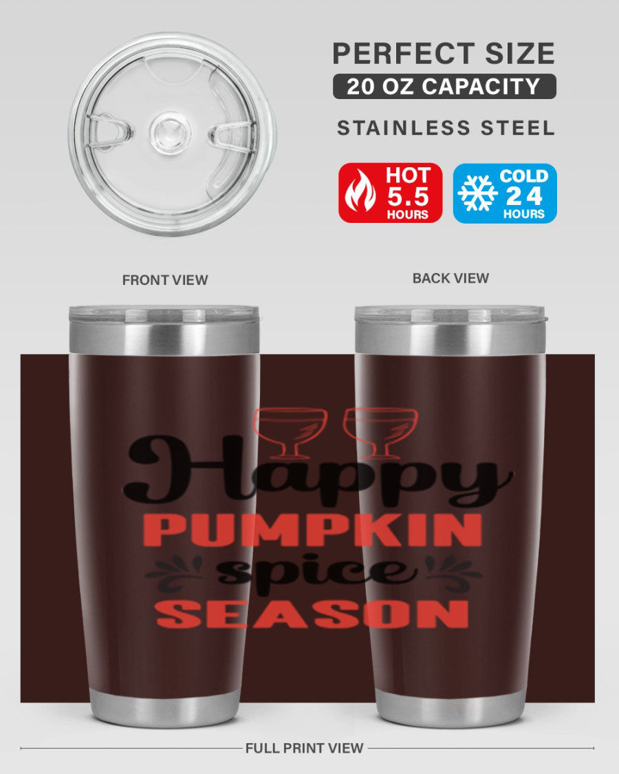 Happy Pumpkin Spice 20oz Tumbler featuring a vibrant autumn design, made of double wall vacuum stainless steel with a copper lining.