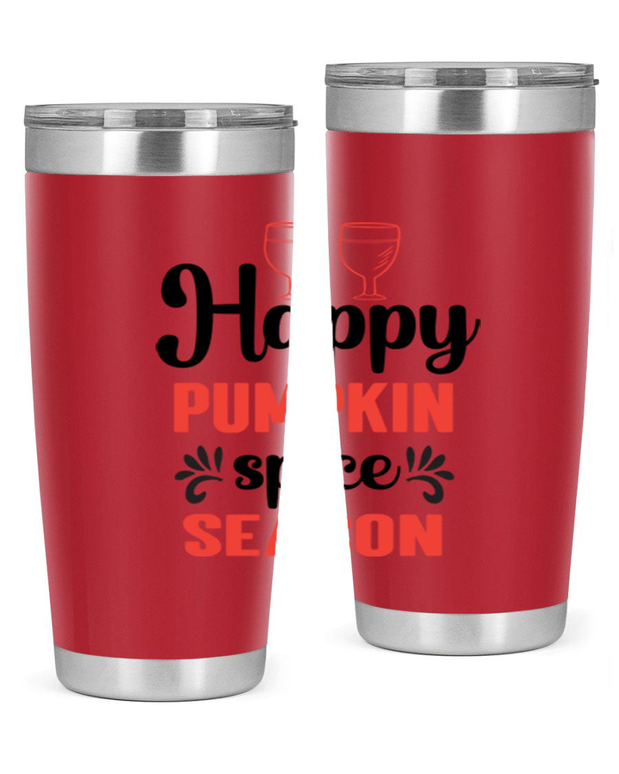 Happy Pumpkin Spice 20oz Tumbler featuring a vibrant autumn design, made of double wall vacuum stainless steel with a copper lining.
