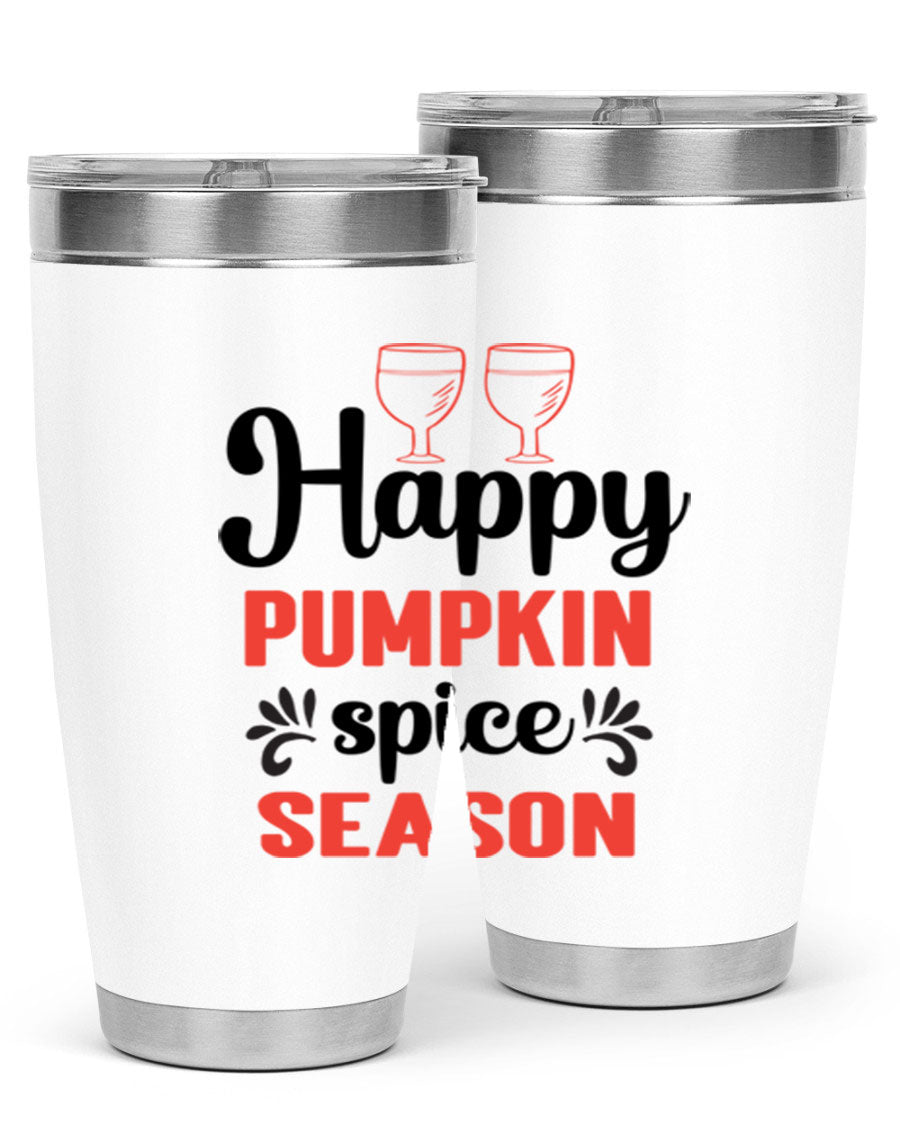 Happy Pumpkin Spice 20oz Tumbler featuring a vibrant autumn design, made of double wall vacuum stainless steel with a copper lining.